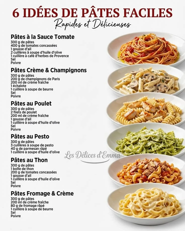 Plat de pâtes faciles avec sauce et légumes frais.