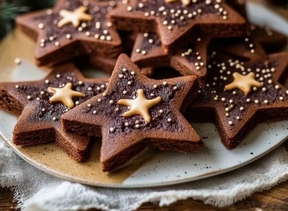 Biscuits de Noël au chocolat joliment décorés, idéaux pour les fêtes.