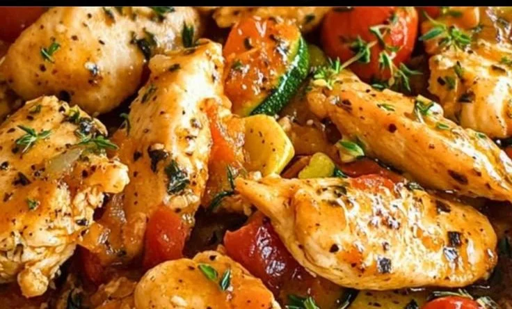 Sauté de poulet avec courgettes et tomates cerises dans une poêle