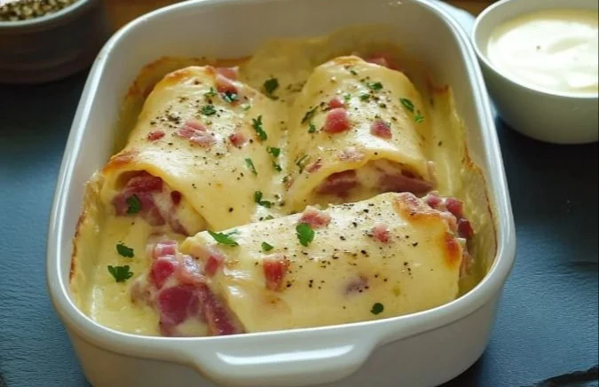 Chou-fleur au jambon avec béchamel crémeuse garnissant le plat