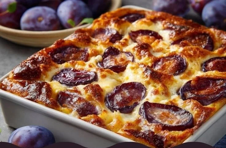 Clafoutis aux prunes cuit au four, un dessert traditionnel français