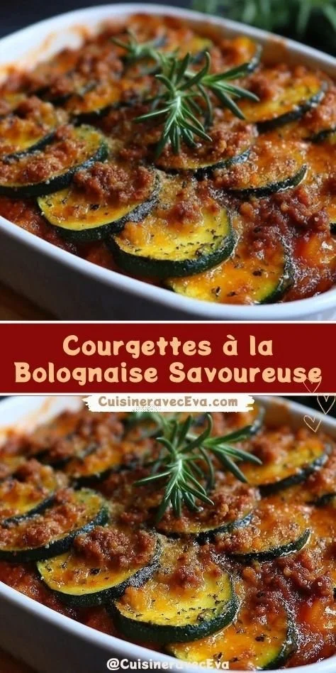 Plat de courgettes Bolognaise gratinées, fondantes et parfumées dans un plat en céramique.