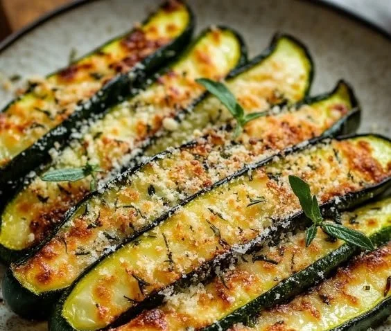 Courgettes au Parmesan au four avec fromage fondu et herbes.