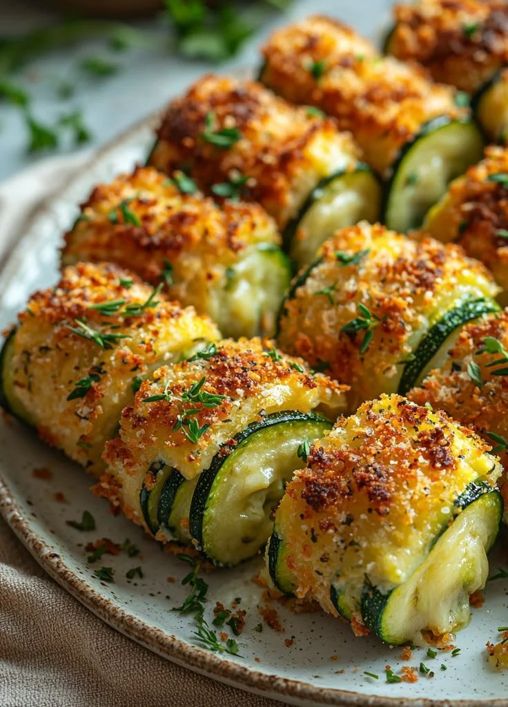 Courgettes croustillantes farcies au fromage garnies d'herbes et épices