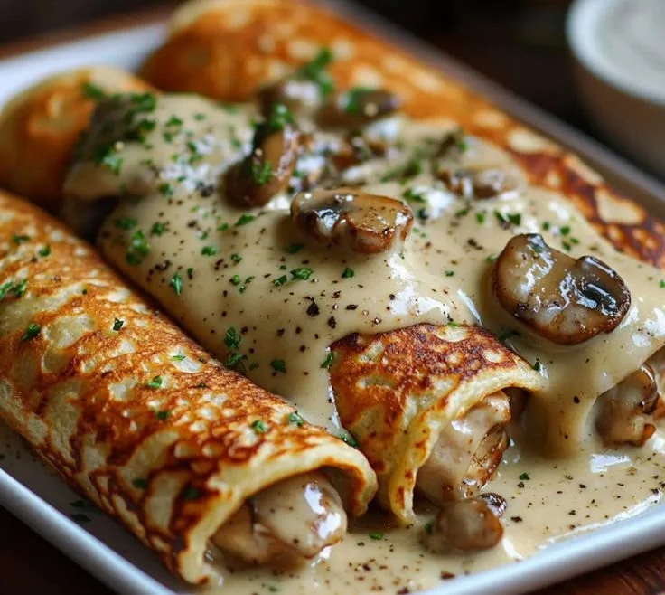 Crêpes roulées poulet champignons béchamel prêtes à déguster
