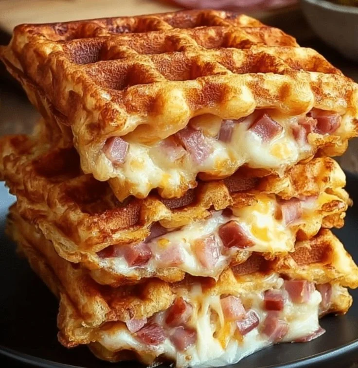 Gaufres croustillantes au jambon et fromage présentées sur une assiette.