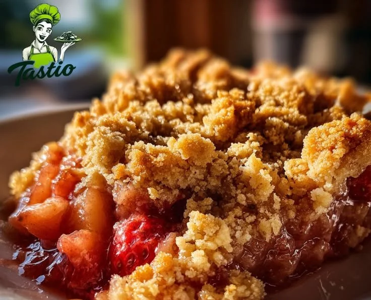 Crumble rhubarbe fraise facile, un délicieux dessert maison prêt en 30 minutes.