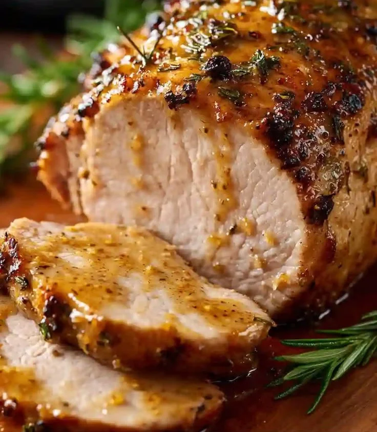 Rôti de Porc Glacé Miel et Moutarde cuit parfaitement, prêt à être dégusté.