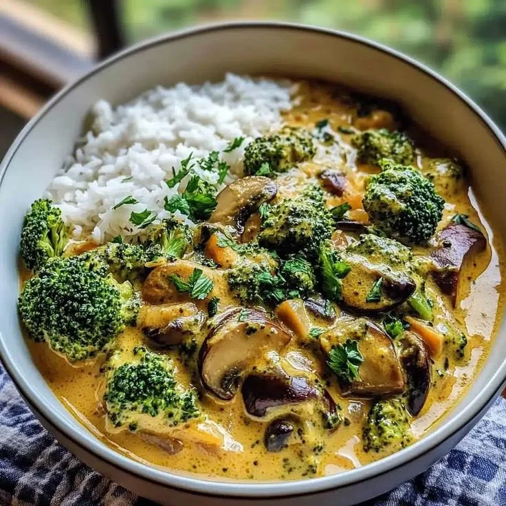 Curry de Brocoli avec champignons et aubergines au lait de coco