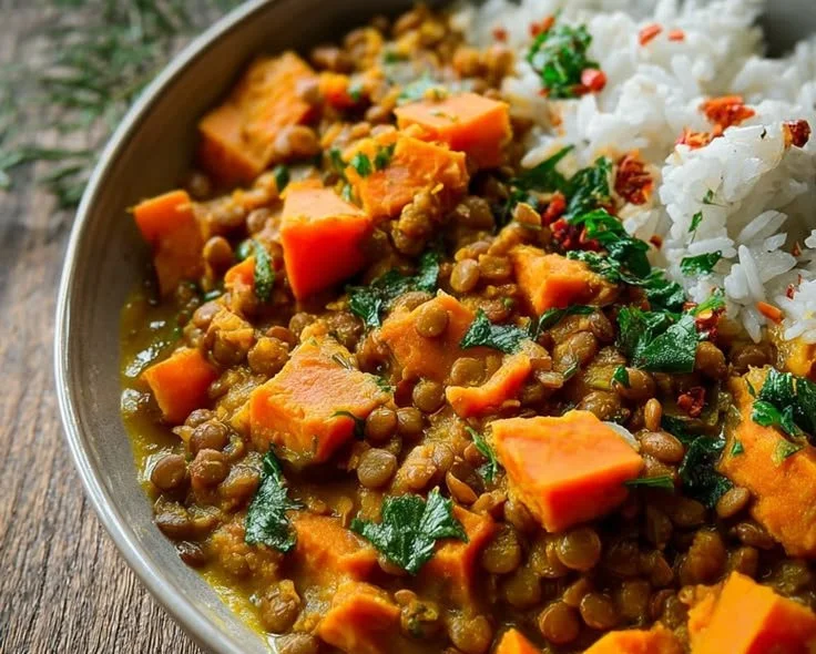 Curry de patates douces aux lentilles dans un bol