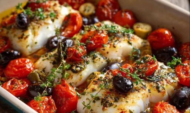 Dos de cabillaud à la Provençale avec tomates cerises et olives sur une assiette