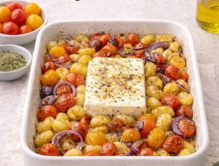 Fêta rôtie servie avec gnocchis et tomates cerises, un plat savoureux