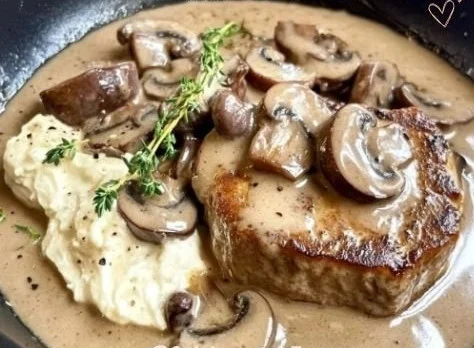 Filet mignon au Boursin et champignons, plat gourmet savoureux.