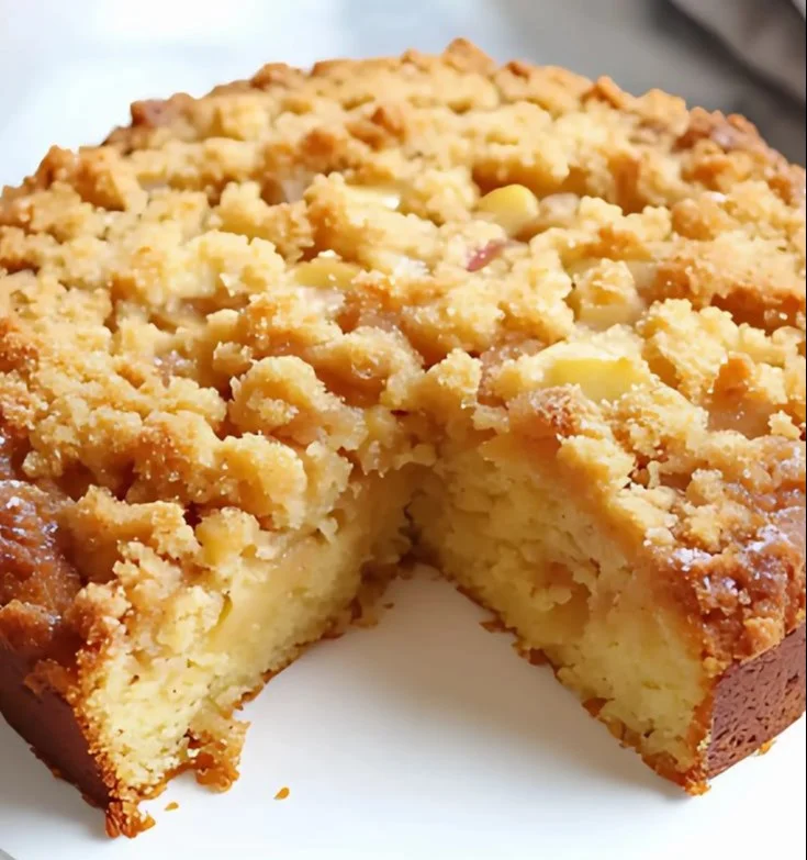Gâteau crumble aux pommes servi avec une boule de glace vanille