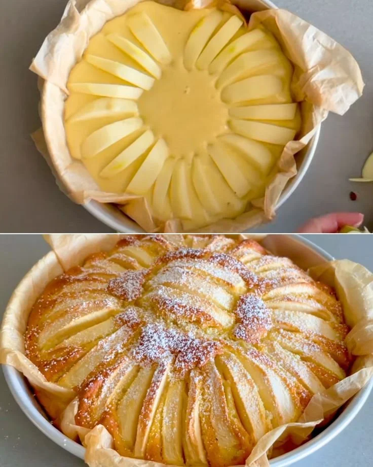 Gâteau moelleux aux pommes fraîchement sorti du four, prêt à être dégusté.