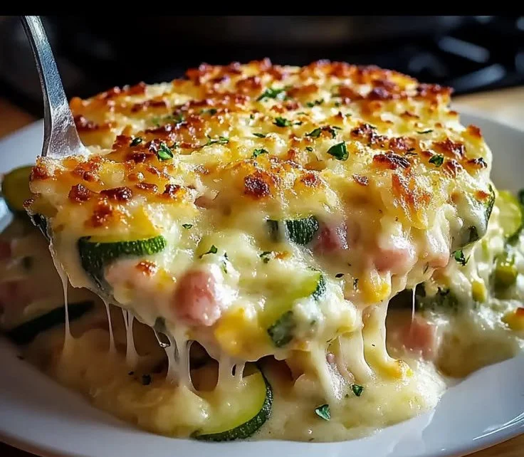 Gratin courgettes jambon riz crémeux, un plat réconfortant et savoureux