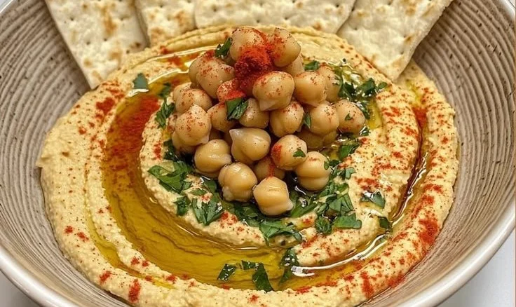 Un bol de houmous maison garni d'huile d'olive et de paprika