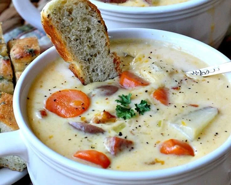 Soupe au fromage canadienne servie dans un bol avec herbes fraîches.