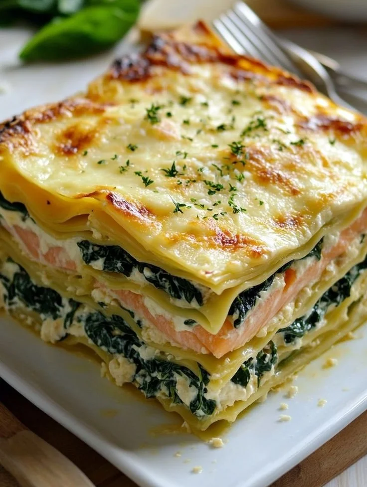 Lasagnes saumon et épinards à la crème, un plat savoureux au four.