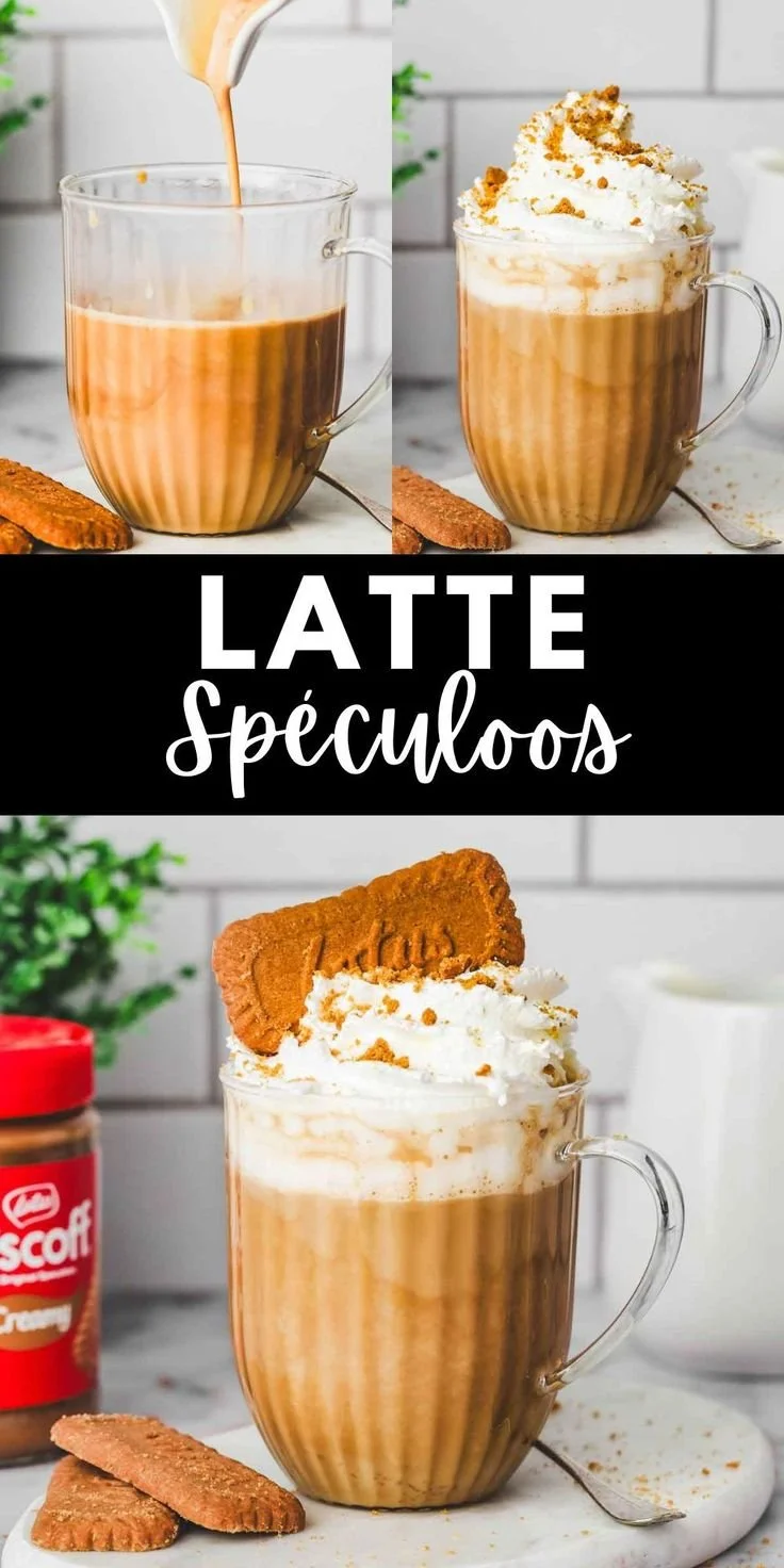 Image d'un Latte Spéculoos crémeux avec des biscuits spéculoos en décoration.