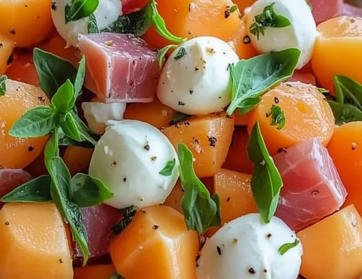 Salade de melon, mozzarella et jambon cru, un plat estival sain et savoureux.