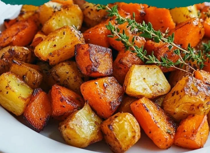 Oignons rôtis au four avec carottes et pommes de terre, repas savoureux