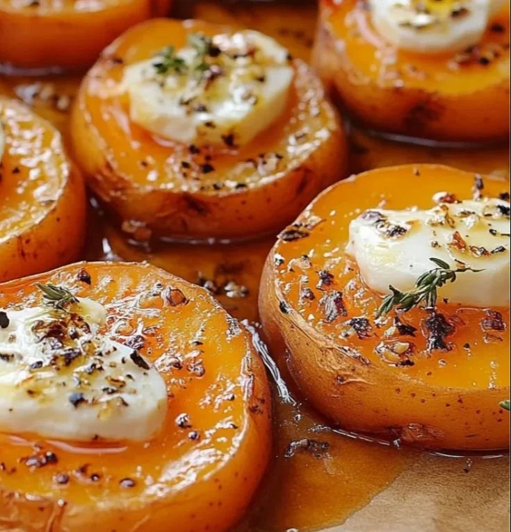 Patates douces rôties au chèvre et au miel dans un plat, garnies d'herbes fraîches.