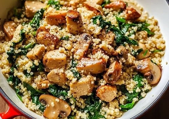 Poêlée de quinoa avec champignons et épinards, un plat sain et savoureux.