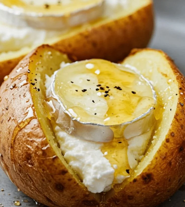 Pommes de terre farcies au chèvre frais et noix, plate de cuisson au four.