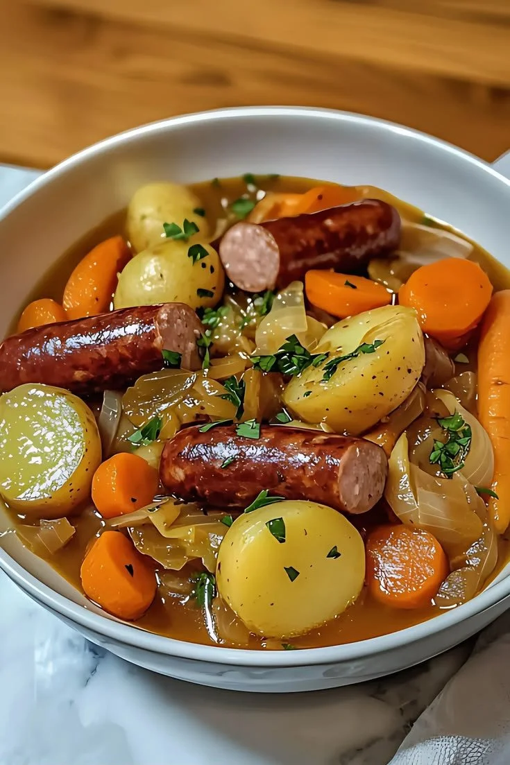 Potée aux Saucisses et légumes dans une cocotte en fonte