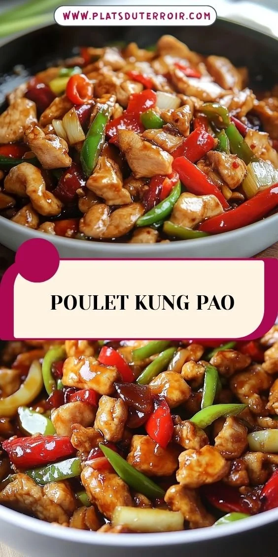 Plat de Poulet Kung Pao garni de cacahuètes et de légumes colorés