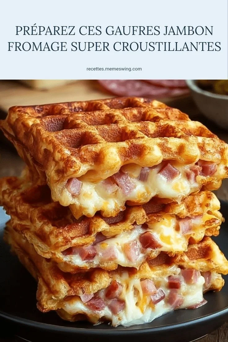 Gaufres jambon fromage croustillantes sur une assiette garnie.