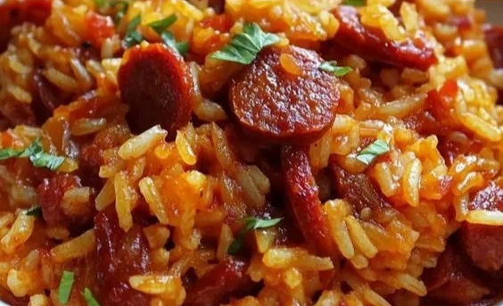 Recette de riz au chorizo et à la tomate, plat coloré et appétissant.