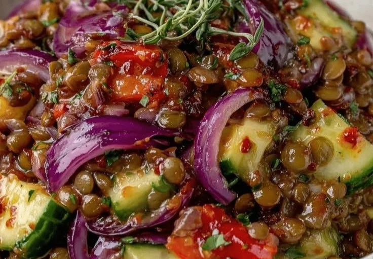 Salade de lentilles froide avec légumes frais et vinaigrette