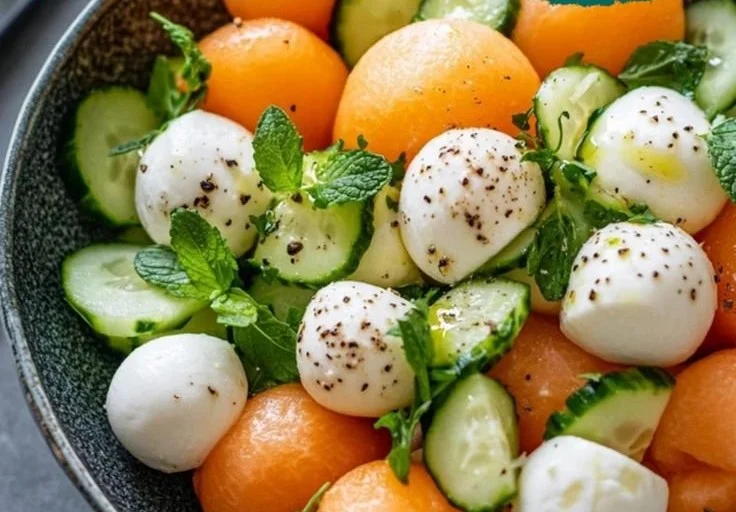 Salade de melon, concombre et feta prête à être servie.