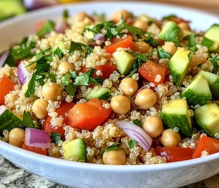 Salade de quinoa et pois chiches avec légumes frais et vinaigrette de citron