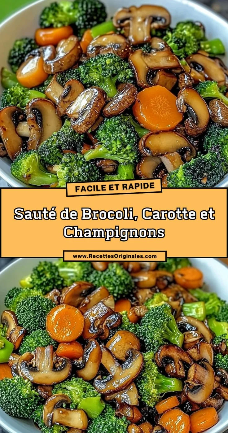 Sauté de brocoli, carotte et champignons dans un plat coloré et appétissant.
