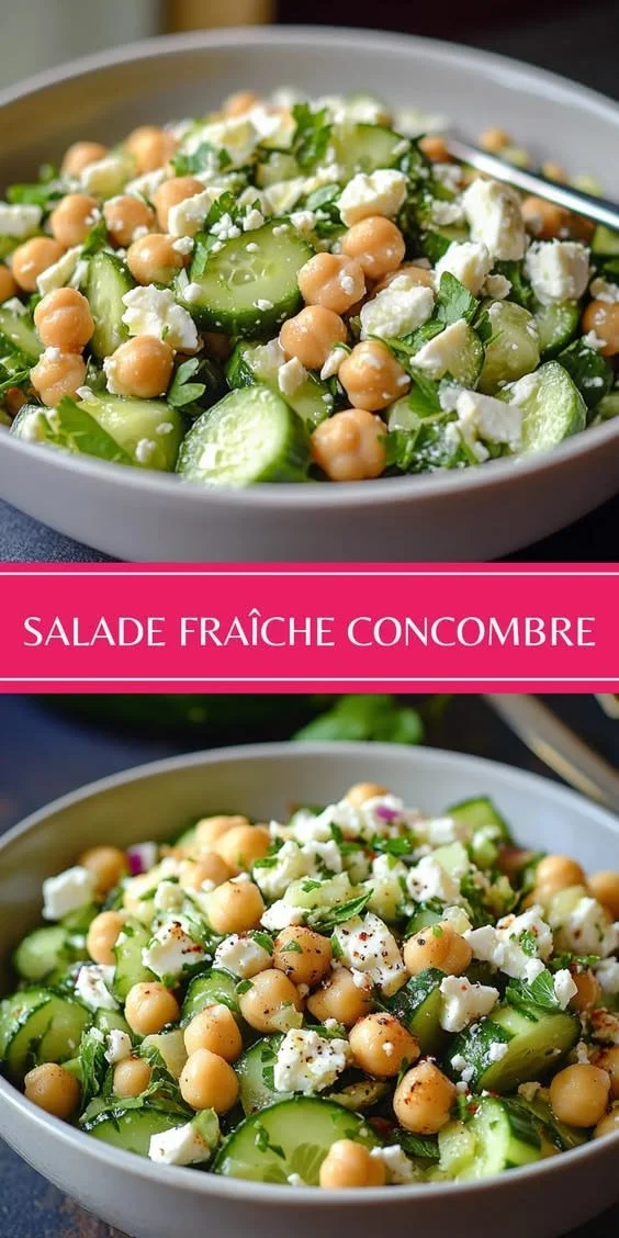 Salade de pois chiches, concombre et feta garnie de légumes frais
