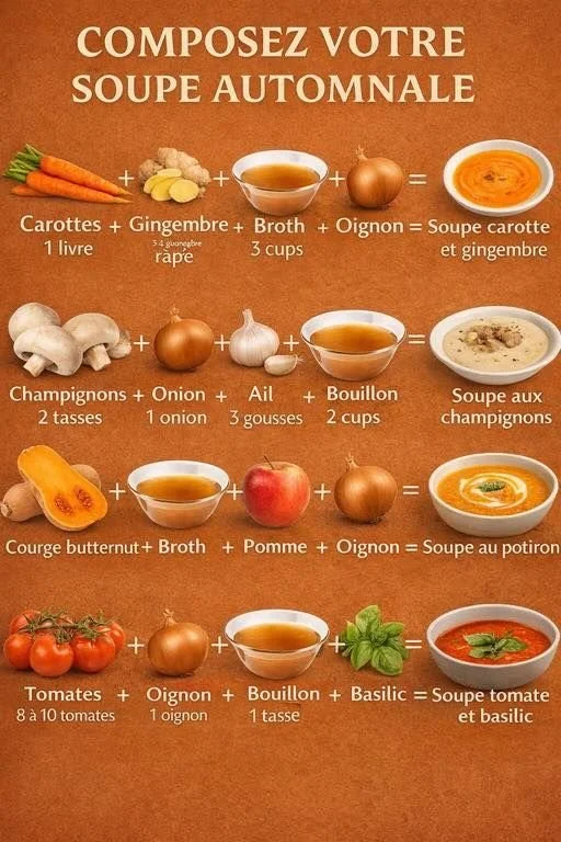 Soupe automnale avec légumes de saison comme carottes, champignons et potiron.