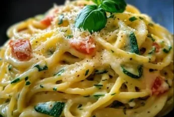 Spaghetti crème de courgette savoureux et crémeux avec garniture fraîche.