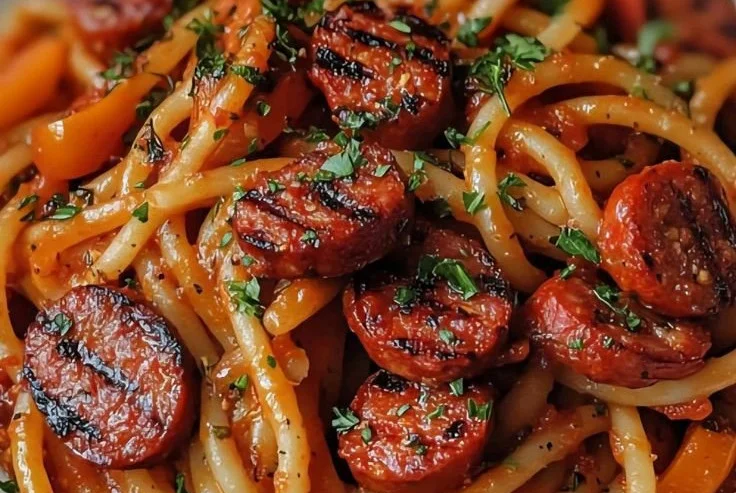 Spaghetti avec chorizo grillé et poivrons dans une assiette colorée