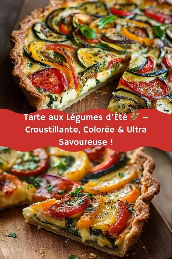 Tarte aux légumes d'été rôtis avec fromage de chèvre, plat coloré et savoureux.