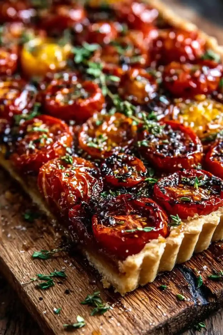 Tarte aux tomates cerises et thym, préparée avec 4 ingrédients simples.