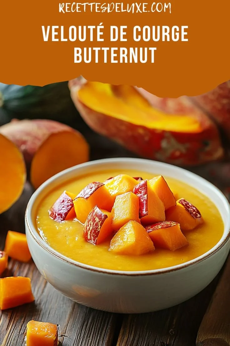 Bol de velouté de courge butternut garni de graines et d'herbes fraîches.