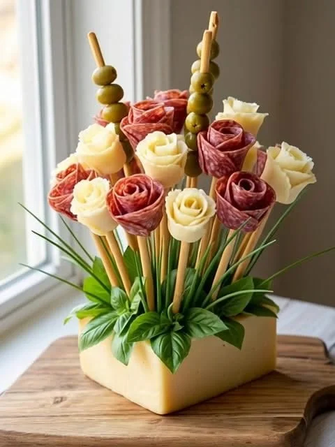 Bouquet de fromage et saucisson pour apéritifs, décoration comestible