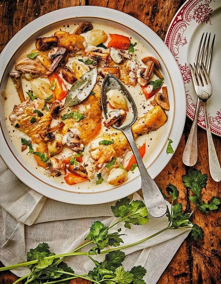 Blanquette de poulet servie dans un plat, délicieuse recette pour 6 personnes.