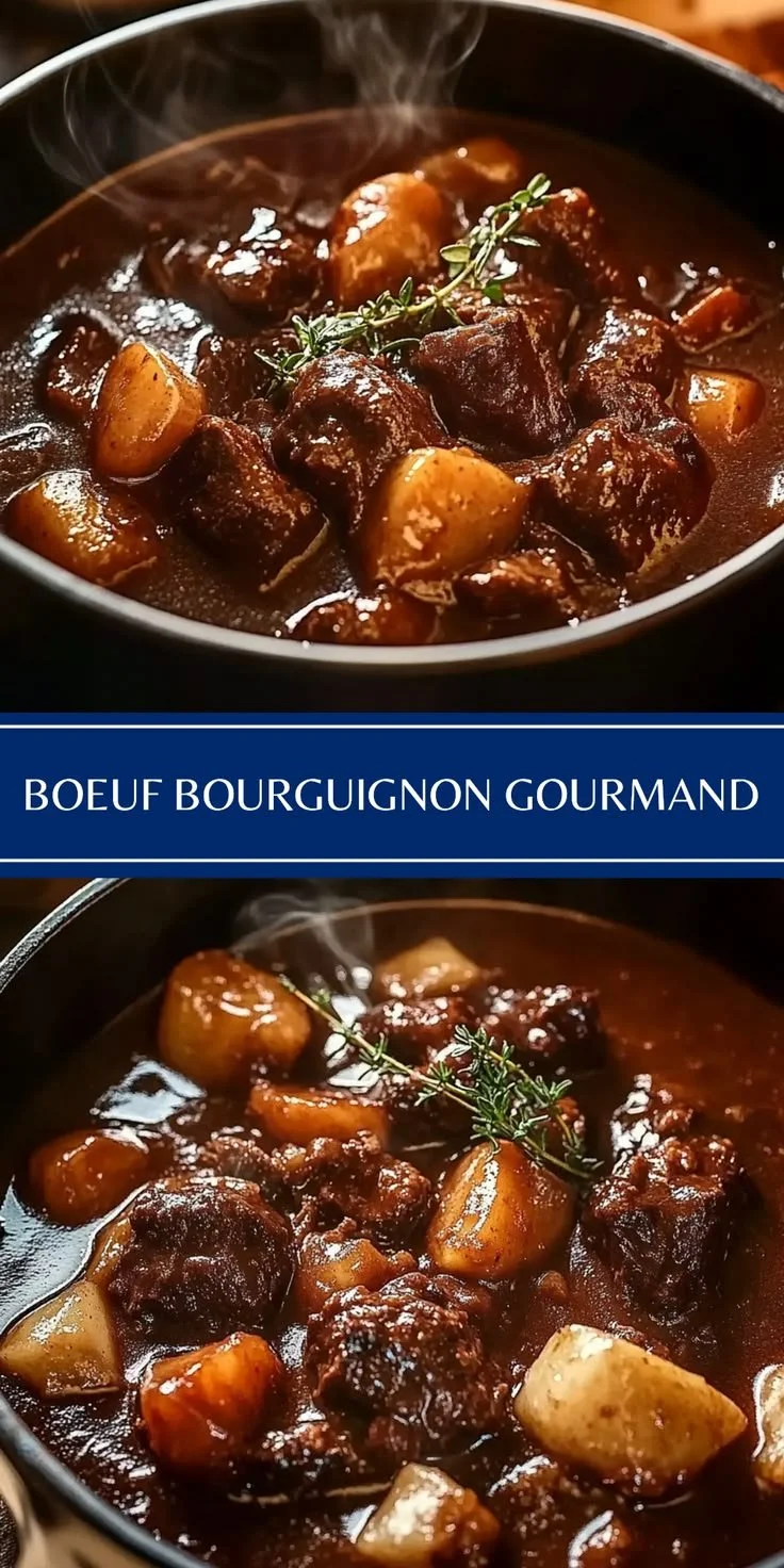 Boeuf Bourguignon traditionnel dans une casserole, plat savoureux et réconfortant.