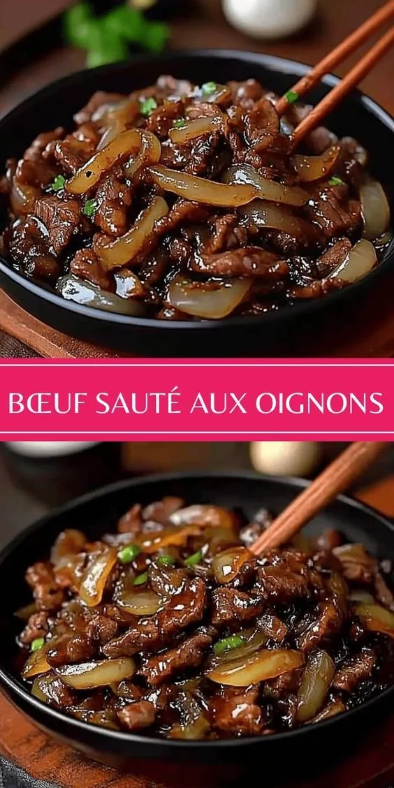 Plat de bœuf sauté aux oignons savoureux prêt à être dégusté.