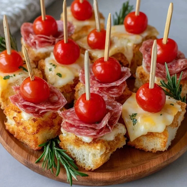 Bouchées apéro savoureuses avec pain, fromage, saucisson et tomate cerise