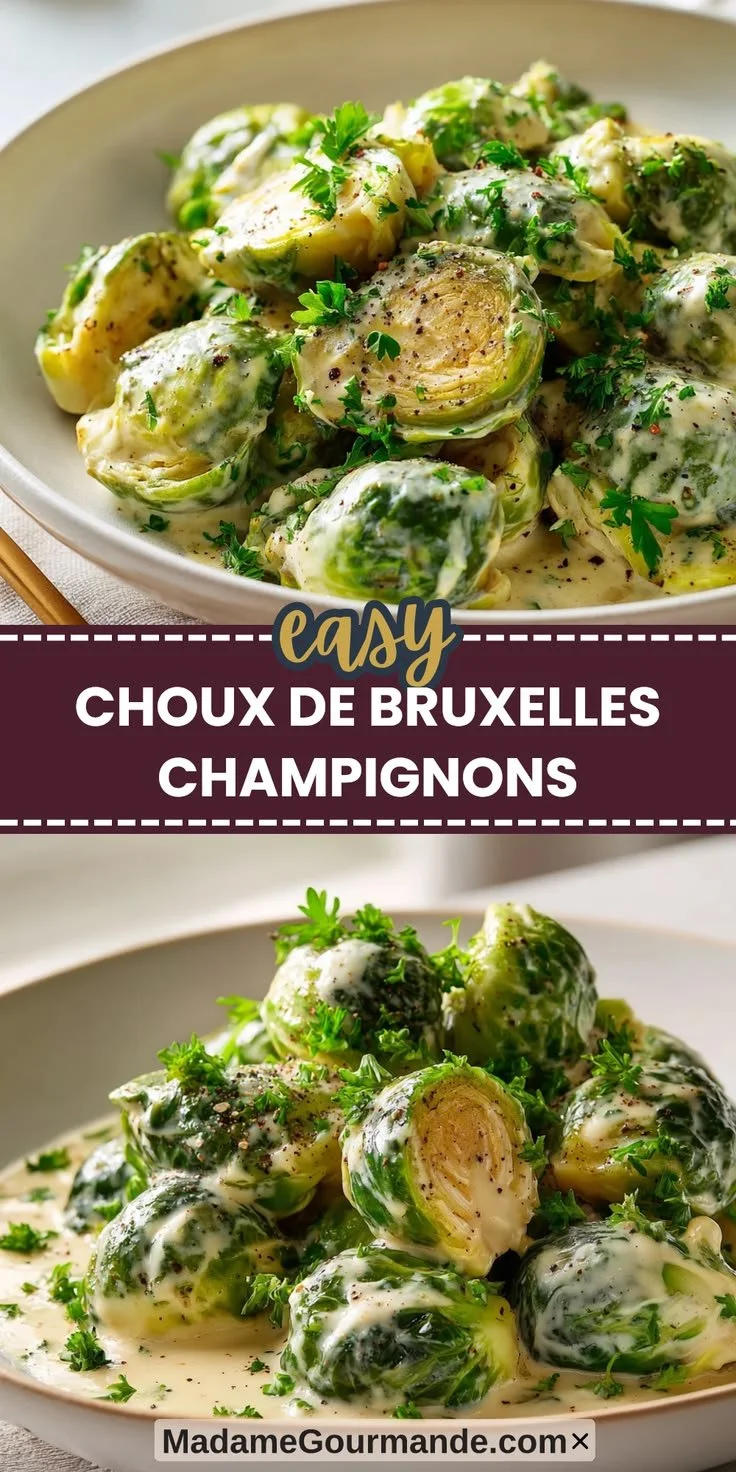 Choux de Bruxelles aux champignons crémeux dans une assiette